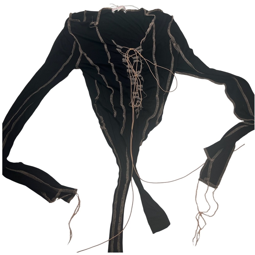 Hot & Delicious Womens Top Size S‎ Long Sleeve Lace Up Black Stitch Detail